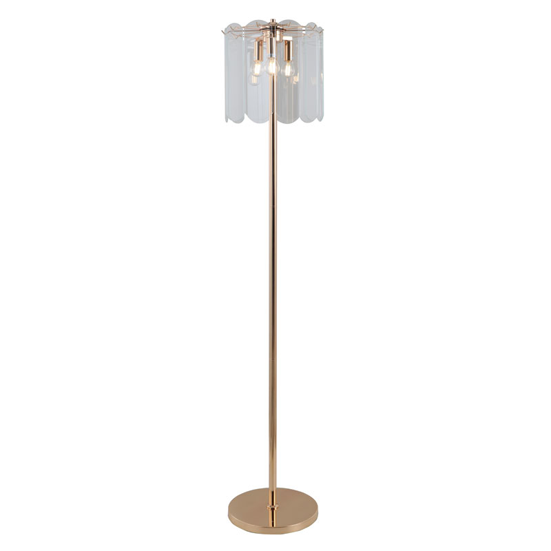 3-žiarovková zlatá stojaca lampa z číreho skla